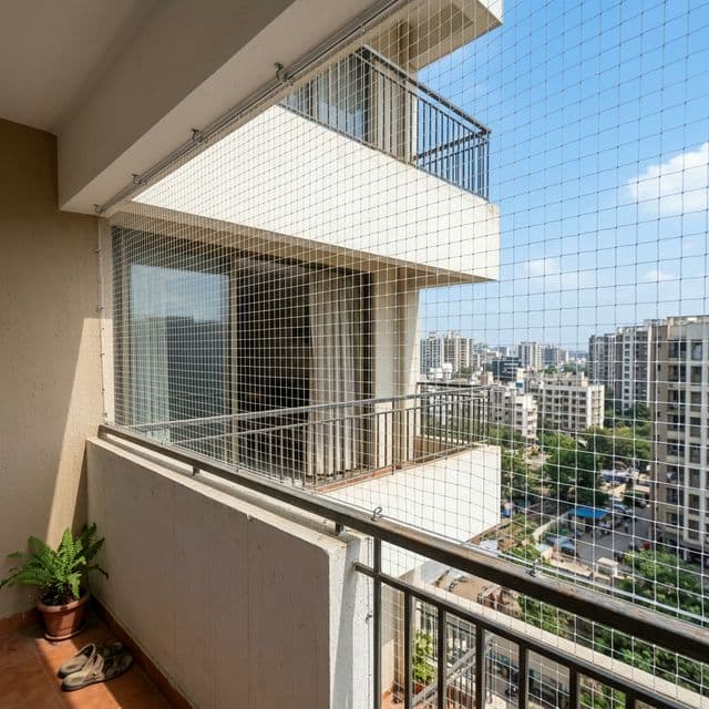 Balcony safety net professionally installed on apartment